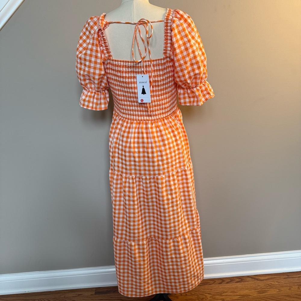 Zesica Orange Checkered Midi Dress with Puff Sleeves - Picture 7 of 15